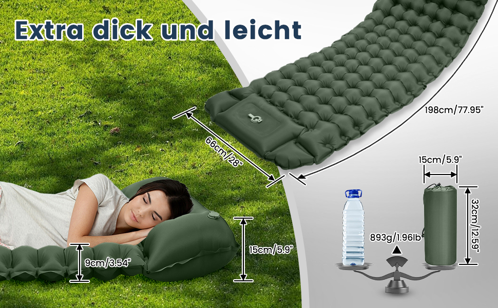 Надувний килимок для кемпінгу Tuocal Isomatte, 9 см, з вбудованим насосом, антиковзаюча поверхня, для відпочинку на природі, подорожей та наметів (блакитний)