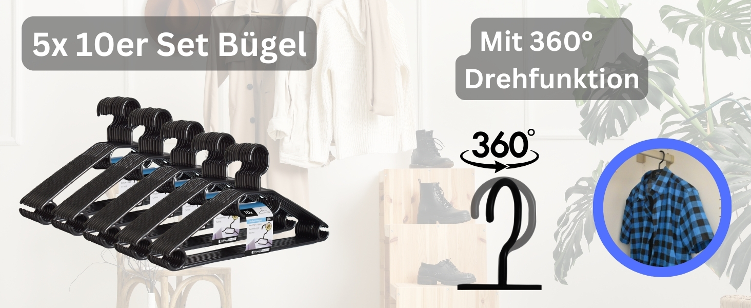 50 Плечиків для одягу з обертовими гачками на 360 градусів, перероблений пластик, чорного кольору, нековзні, економія місця, Made in EU, HLKauf-Block