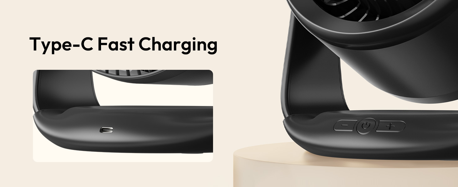 Акумуляторний настільний вентилятор gaiatop, тихий USB-C вентилятор з 5 швидкостями, LED-дисплеєм та сенсорним керуванням, нахил 90°, 4000mAh, чорний
