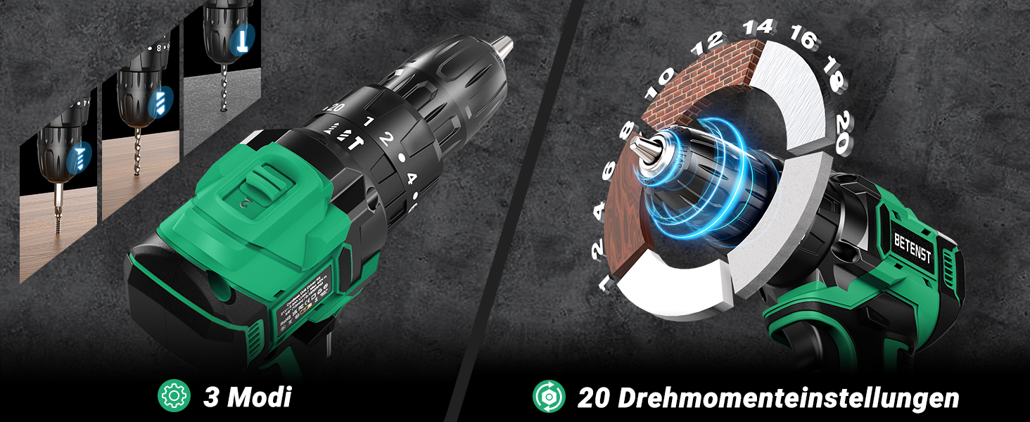 Акумуляторний шуруповерт BETENST 21V: 42Nm, 2.0Ah, 25+3 рівня крутного моменту, 2 швидкості, 10 мм патрон, LED, 30-ти елементний набір для дому, саду, DIY