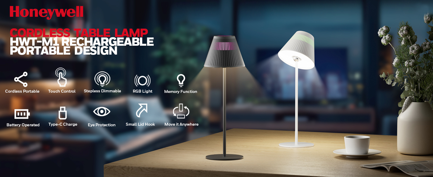 Honeywell LED настільна лампа з регулюванням яскравості, RGB, акумуляторна, Sunturalux HWT-M1, 5200mAh, бездротова, 5200K, 1 шт.