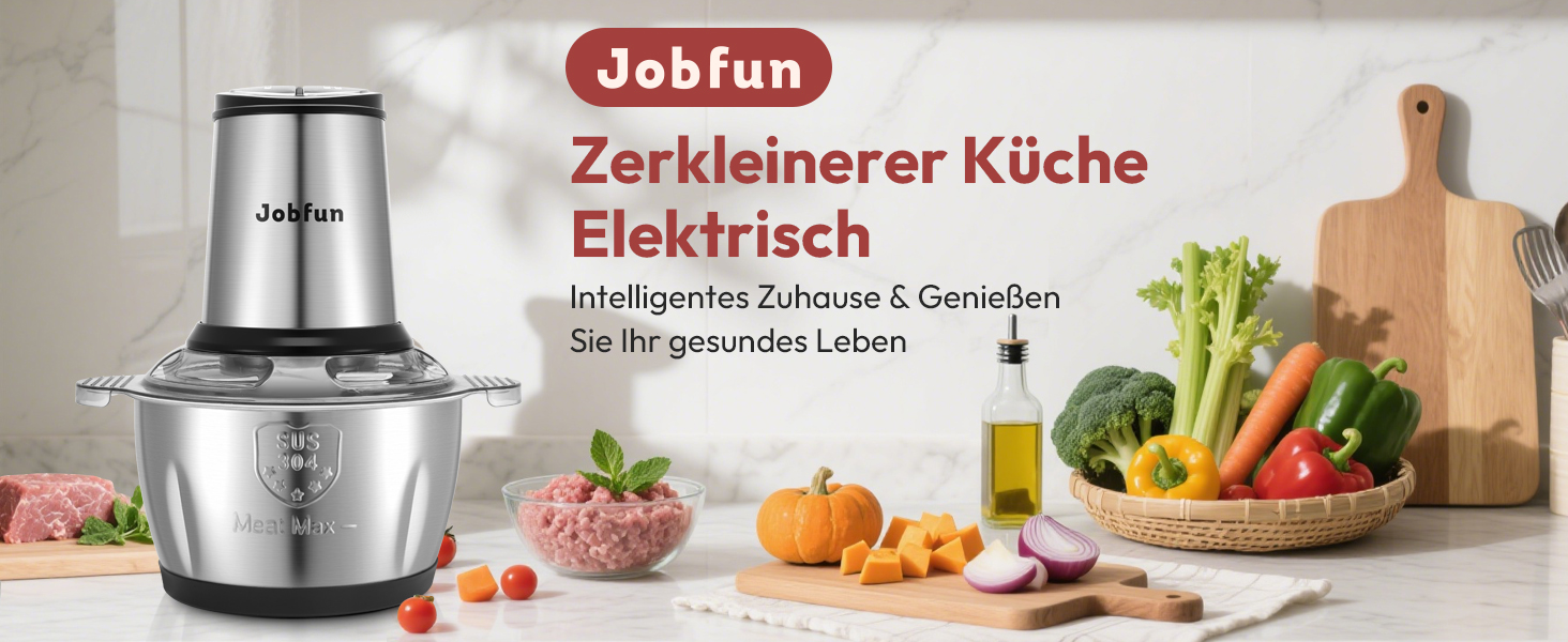 Електричний подрібнювач Jobfun 2L з нержавіючої сталі, 2 швидкості, мультиподрібнювач, м'ясорубка, подрібнювач для м'яса, цибулі, овочів (сірий)