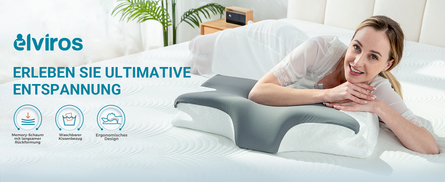 Ортопедична подушка Elviros з Memory Foam, ергономічна подушка для шиї, для тих, хто спить на боці, спині та животі, знімний чохол, Space Grey, 64×(11,5/13)×40 см