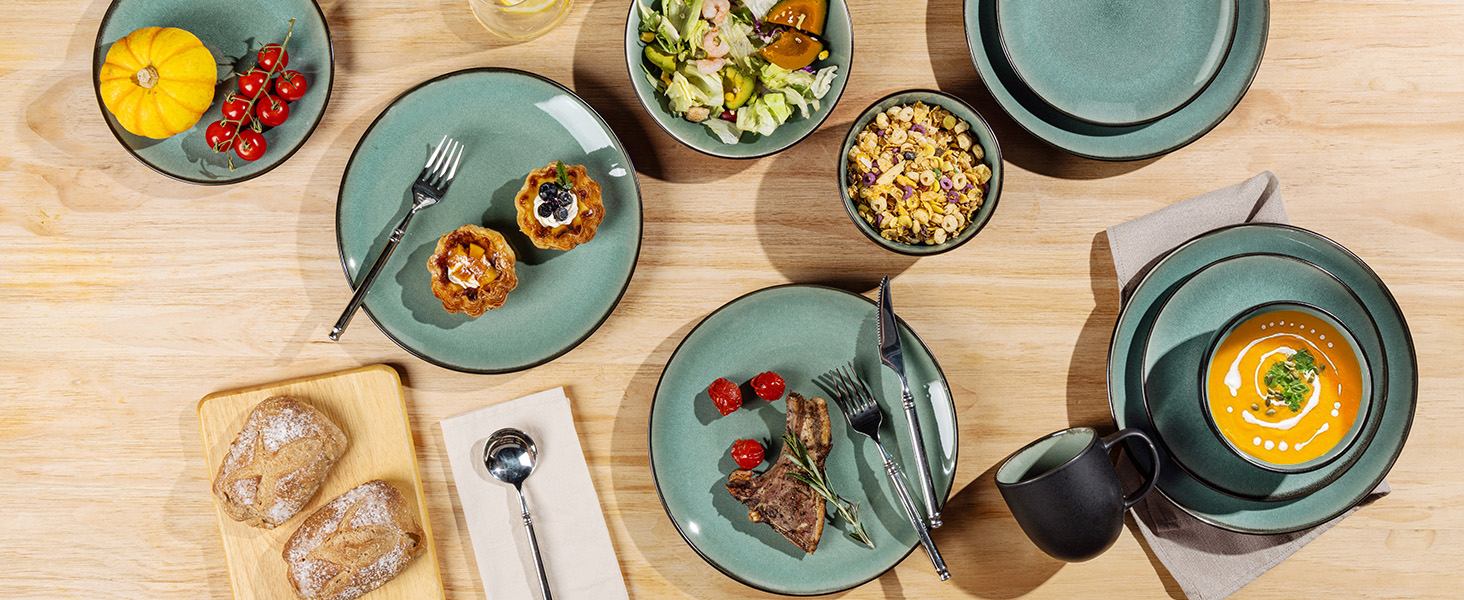 Набір посуду GBhome з каменю, 18 предметів, ручна робота, для 6 осіб, мікрохвильова та посудомийна машини, набір тарілок та мисок, Petrol