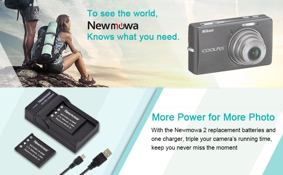 Запасний акумулятор Newmowa EN-EL10 (2 шт.) та портативний USB-зарядний пристрій для Nikon Coolpix S60, S80, S200 та ін.
