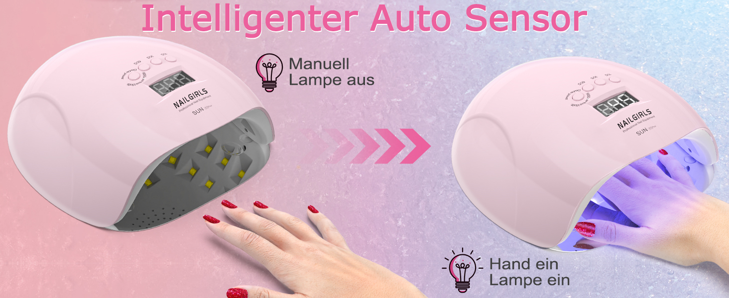LED UV лампа для нігтів NAILGIRLS 150W з таймером, датчиком та LCD дисплеєм. Підходить для гель-лаку, пальців та нігтів. Рожевий колір.