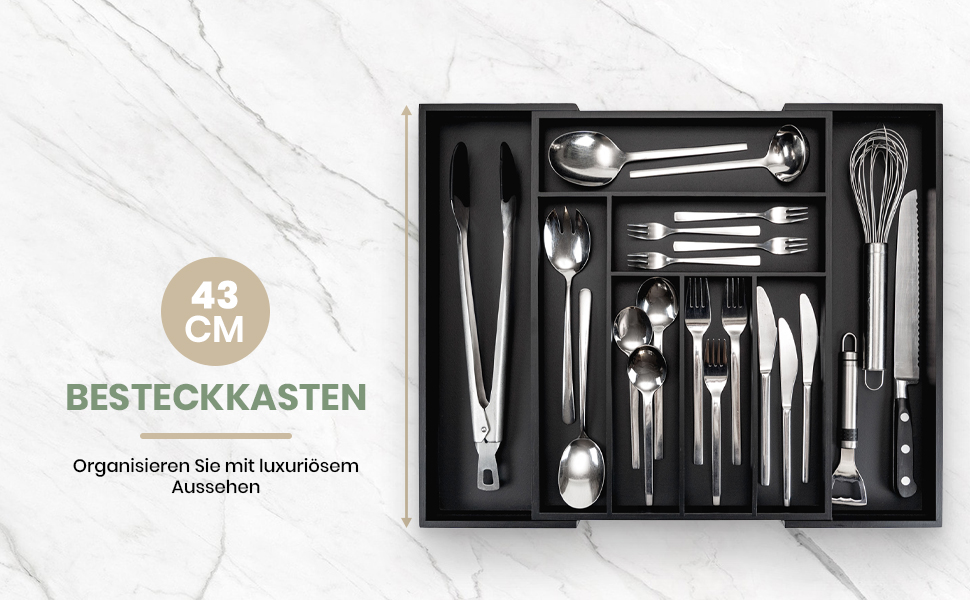 Органайзер для кухонних ящиків Besteckkasten #47 (глибина 47 см) з бамбука, чорний - висувний, система організації для столових приборів