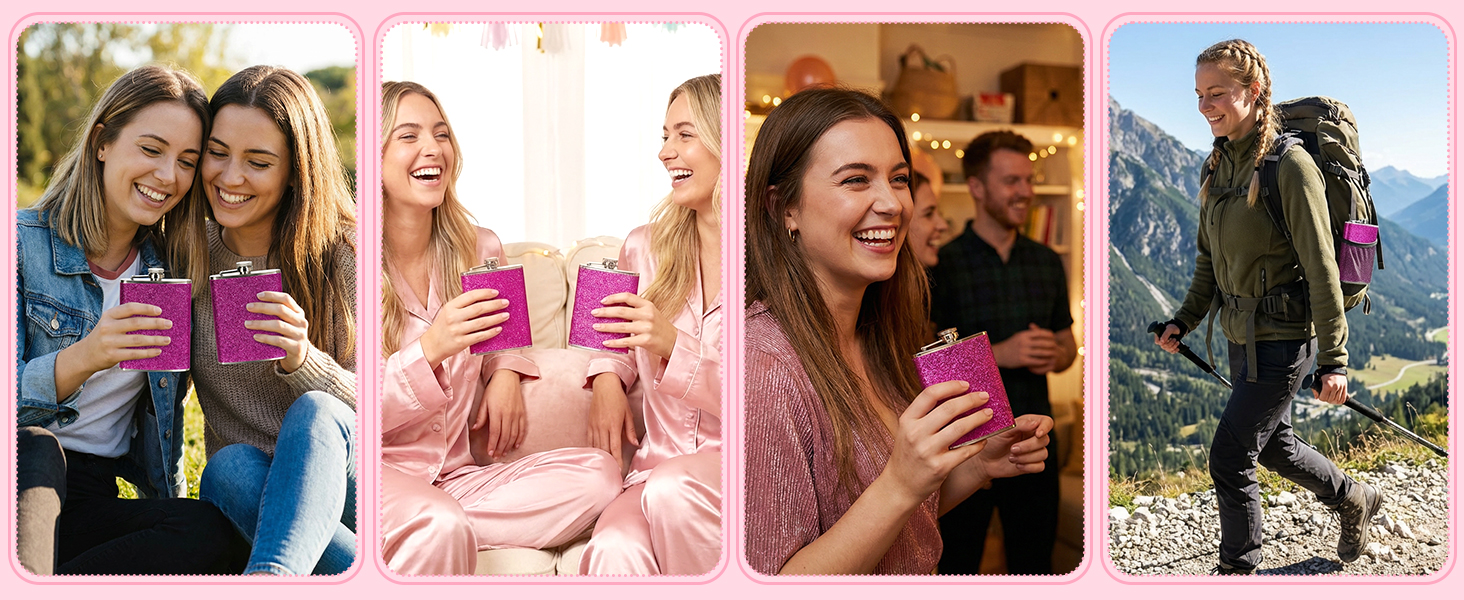 Персоналізований набір фляг 8oz з гравіюванням – фляга з нержавіючої сталі, 4 склянки, воронка та подарункова коробка для дружків, подарунок на весілля для чоловіків та жінок (Рожевий)