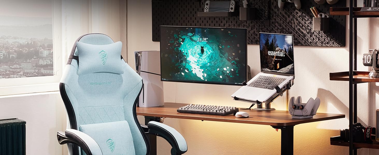 Ігровий крісло Dowinx з тканиною, пружинним сидінням та масажем попереку, з підніжкою для дорослих. Ергономічне, велике та високе крісло для офісу та ігор, до 135 кг, колір - аква