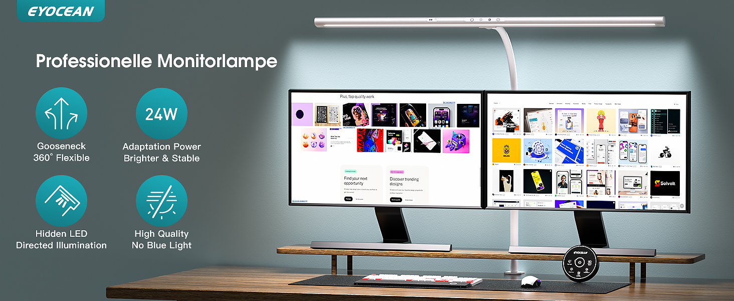 EYOCEAN LED Desk Lamp with Gesture & Remote Control - 24W, 80cm Adjustable Clamp-On Monitor Light - Daylight Lamp for Office Workers, Readers, Architects, and Designers (White)
