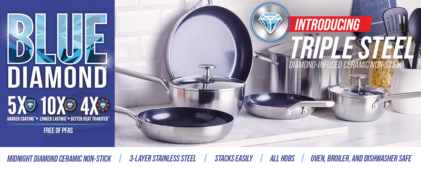 Набір посуду Blue Diamond Cookware (11 предметів): сковороди, каструлі з нержавіючої сталі з покриттям DiamantKeramik, антипригарне покриття, без PFAS, для індукційних плит, можна мити в посудомийній машині та використовувати в духовці, срібний колір