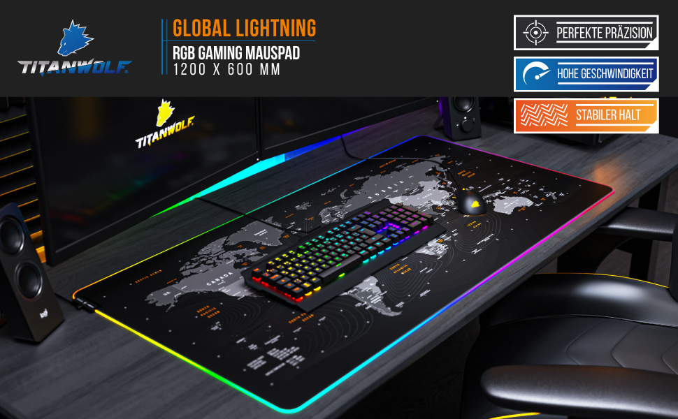 Ігровий килимок для миші TITANWOLF RGB XXL (800x300 мм) з LED-підсвіткою, 11 режимів освітлення, вологостійкий, чорний (дизайн World Map)