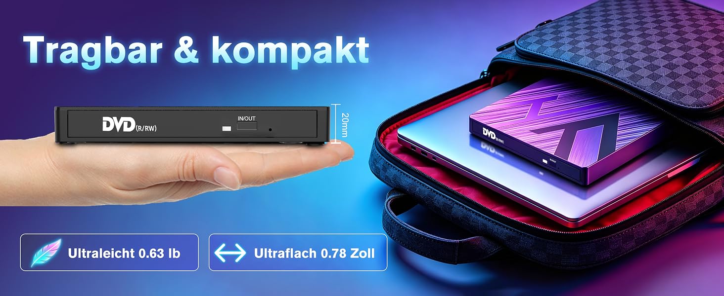 Зовнішній CD/DVD привід varkda USB 3.0 та USB-C, портативний оптичний накопичувач та записувач для ноутбука, ПК, Mac, Windows, Linux (8 в 1, чорний)