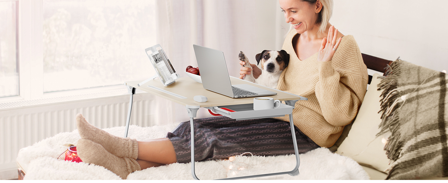 SAIJI Розкладний столик для ноутбука та планшета XXL з ящиком та підставкою для книг/телефону (65 x 49 x 30 см, Тік)