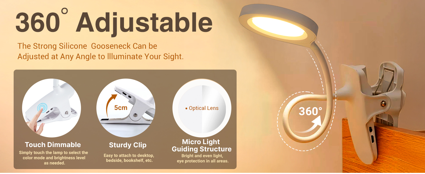 LED лампа для читання Akynite з акумулятором, 5 кольорів та 5 рівнів яскравості, кріпиться на ліжко, дитяча лампа для пеленального столика, біла