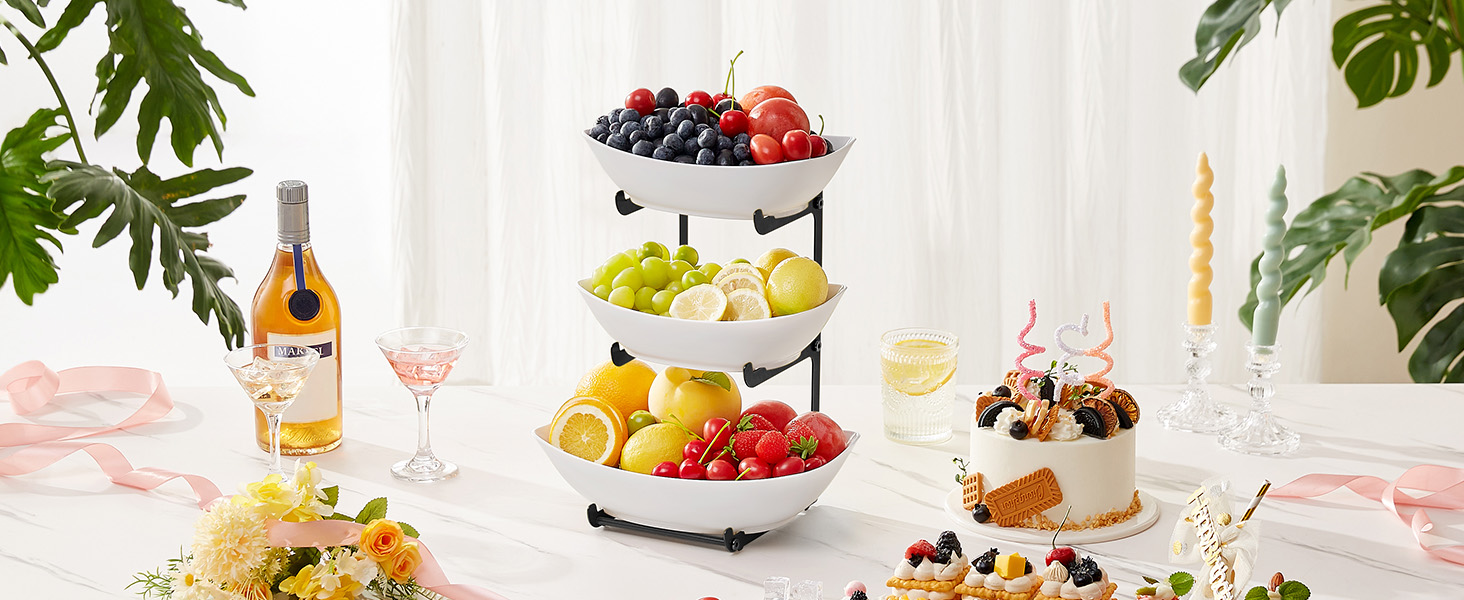 Підставка для фруктів та закусок Lifewit з 3 ярусами, біла, для буфетів, фруктів, снеків, овочів, тістечок, десертів, чорна