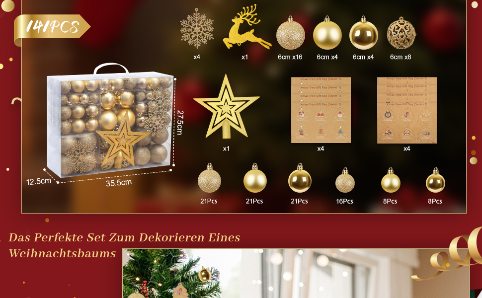 Набір прикрас для ялинки 141 шт., кульки для ялинки з пластику, матові, глянцеві, з блискітками, з вирізаним візерунком, ялинковий декор для дому та вулиці (золотий)