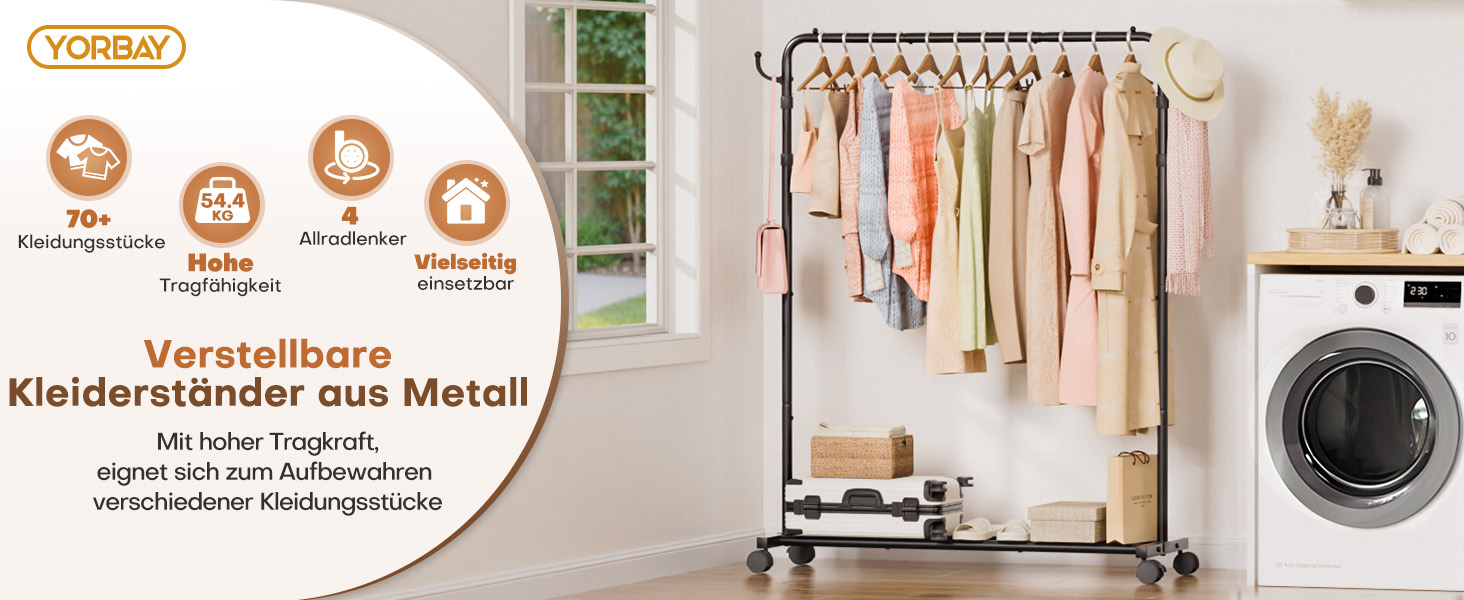 Стійка для одягу на колесах Yorbay: міцна металева вішалка з полицею для багажу. Компактна вішалка для спальні, пральні, магазину (Чорний, 117.5 см)