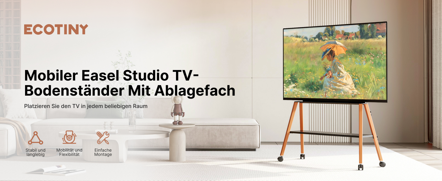 Підставка для телевізора ECOTINY на колесах для 49-75 дюймів, до 40 кг, Easel Design, металева конструкція та полиця з дерева, чорна