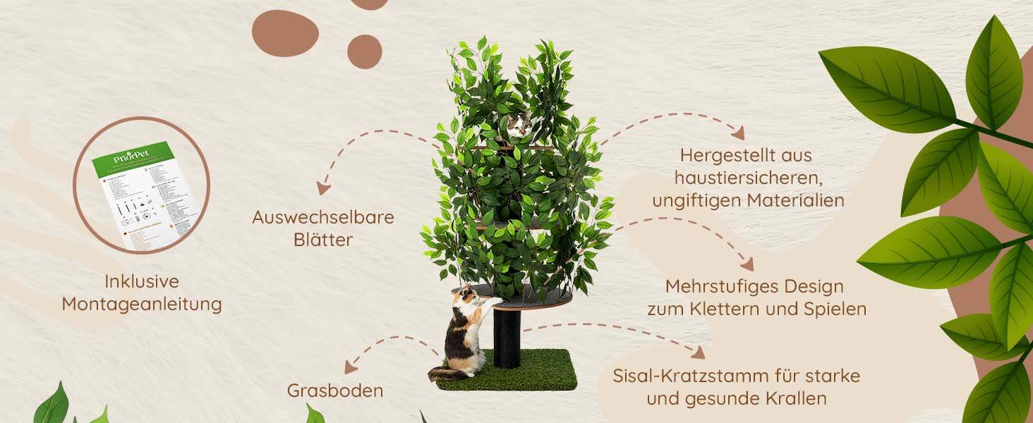Дерево для котів Kratzbaum Natur - багатоярусне, з можливістю заміни листів, 160 см. Безпечні матеріали, міцне та запатентоване.