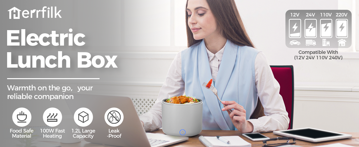 Електрична ланчбокс 80W для дорослих з термосумкою, нержавіюча сталь, виделка та ложка, 2 контейнери по 1.5л, 3-в-1, 12/24/110~230V, витокозахист, ланчбокс для авто, вантажівки, офісу (сірий, 1.2л, євро-штекер)