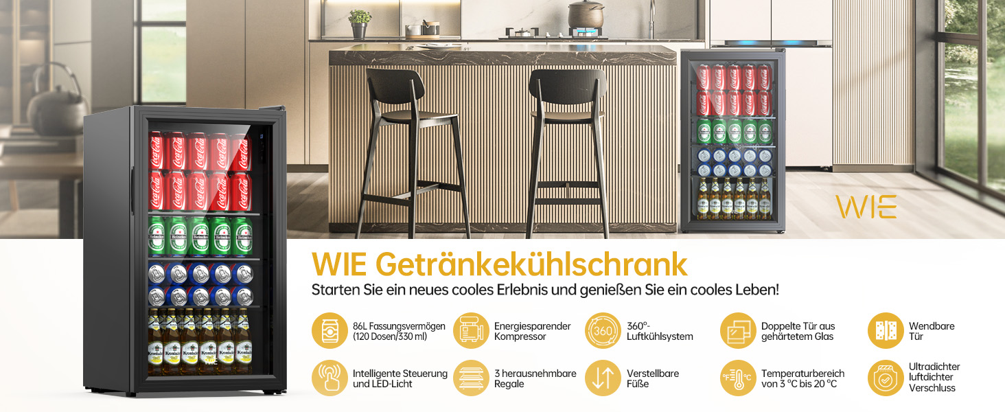 Міні-холодильник для напоїв WIE з подвійними скляними дверцятами, регульованими полицями, 86 літрів, 120 банок, для соди/пива, для дому/кухні/бару/офісу
