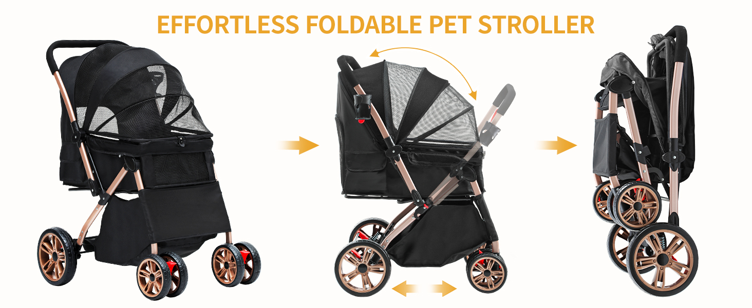 Візок для собак DWVO 3-в-1: візок, переноска, сумка для транспортування. Підходить для собак та котів до 22 кг. Зручний, складаний, з міцними EVA-колесами, кошиком та сітковими віконцями. Розміри: 58,5x76x105 см. Чорний колір.