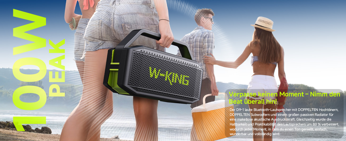 W-KING Bluetooth колонка 100W (60W) IPX6, портативна, глибокий бас, до 40 годин, TF/AUX/EQ, зелена