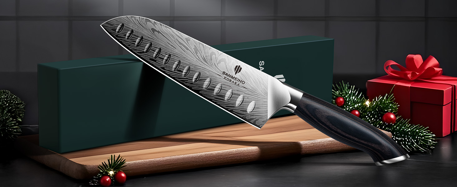Ніж кухонний SANMEIHO Santoku 18 см з порошкової сталі, професійний шеф-ніж з пакавуд рукояттю