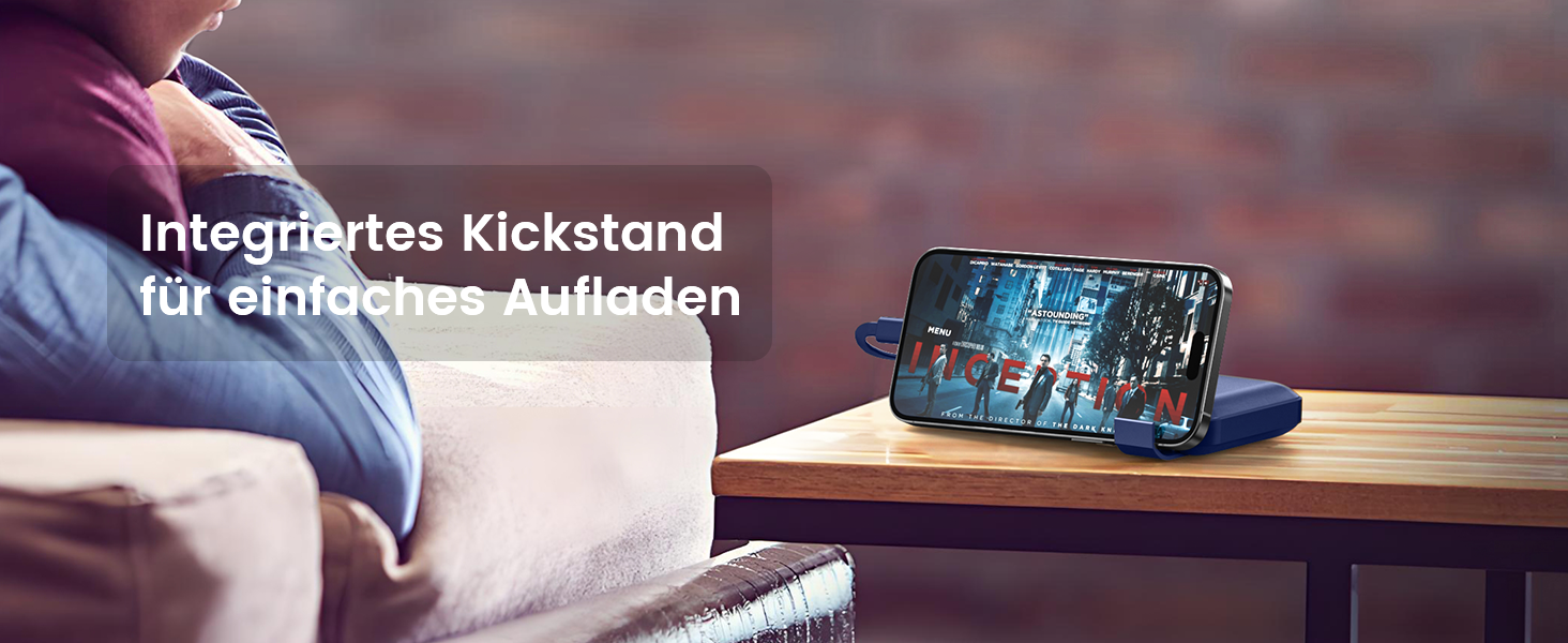 Powerbank 26800mAh з 4 вбудованими кабелями, 22.5W, LED дисплеєм та підставкою, блакитний. Сумісний з iPhone, iPad, Samsung Galaxy.