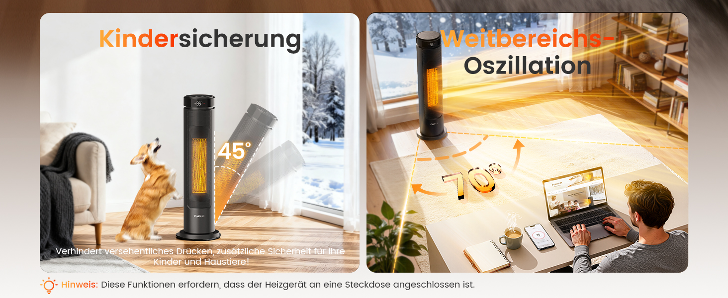 Електричний обігрівач PTC 2000W з керамічним нагрівачем, тихий, з термостатом та пультом керування, ECO режим, 70° осциляція, таймер 12h, захист від перегріву та перекидання, чорний, 1 шт (60 см)