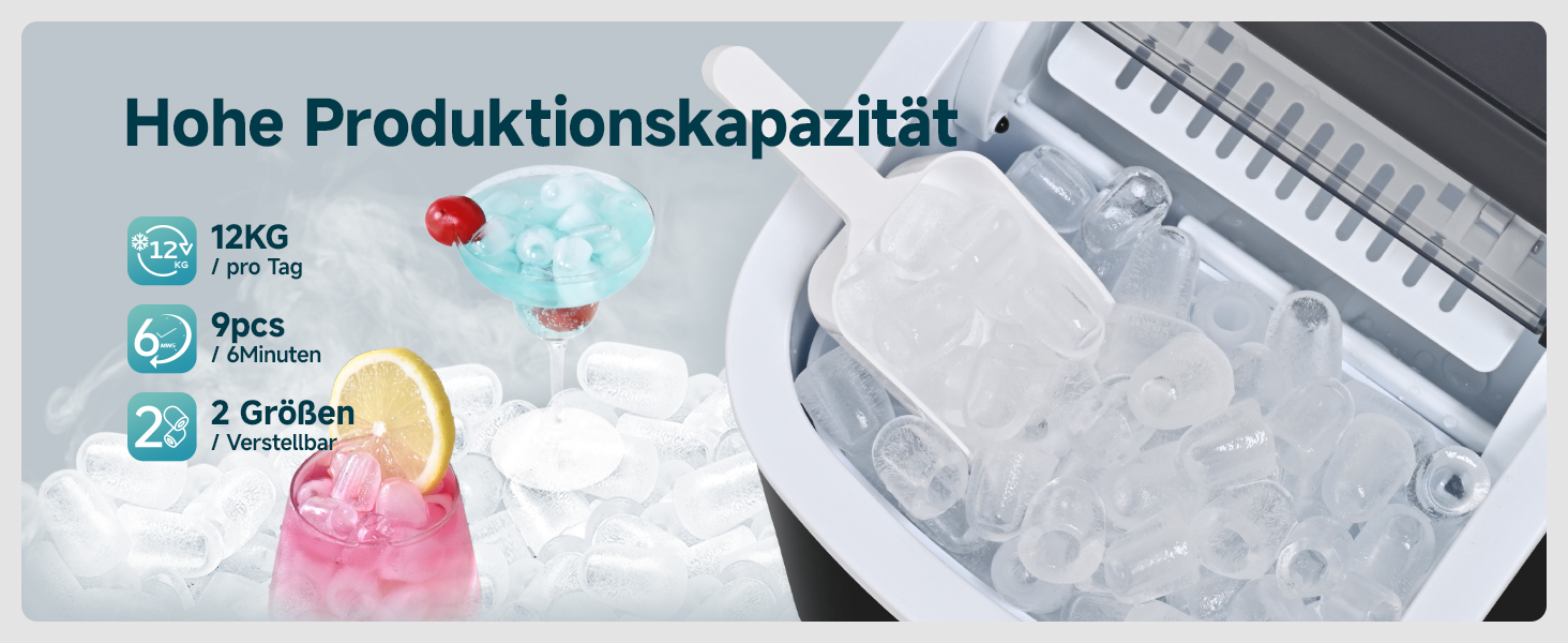 EUHOMY Ice Maker - Compact Portable Ice Machine for Home & Kitchen - Makes 9 Cubes in 6 Minutes, 12kg/Day, Self-Cleaning, 2 Sizes, Black, 1.2L