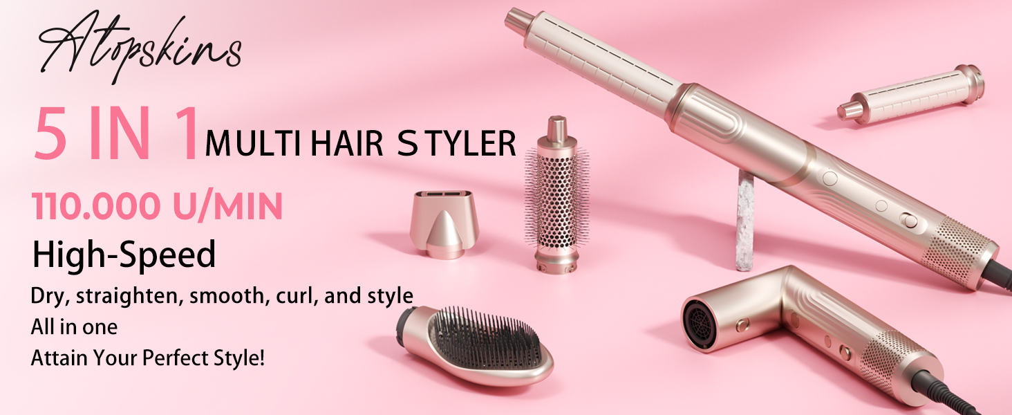 Набір для стайлінгу волосся 5 в 1 Atopskins Air Styler 1400W: іонний фен, вирівнювач, плойка Auto-Wrap та круглі щітки для об'єму та гладкості, Gold