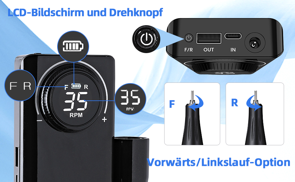 Електричний фрезер для манікюру та педикюру Delanie з акумулятором, 35000 об/хв, для гелю, акрилу, видалення кутикули, LED-дисплей, USB-зарядка (чорний)