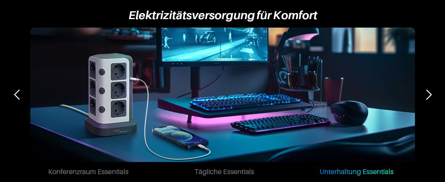 Блок розеток KOOSLA з USB-C, 12 розеток, 3680W/16A, захист від перенапруги (1500J), індивідуальне вмикання, сірий колір, 5м кабель, 65W PD USB-C, 2м