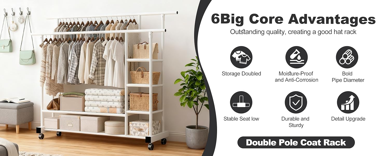 Вешалка для одягу на колесах, шестиярусна полиця з двома штангами, біла