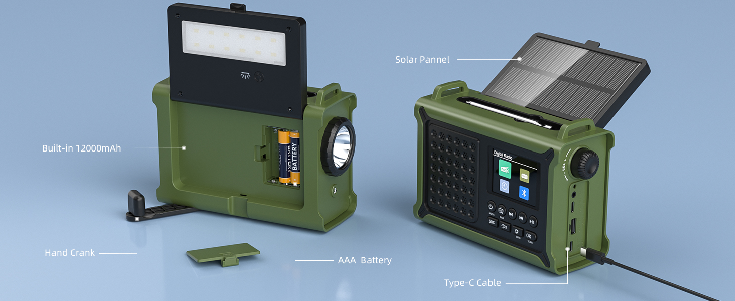 Радіоприймач Kurbelradio з DAB/DAB+/UKW, сонячною панеллю 8500 мм², акумулятором 12000 mAh та ручним генератором 650 mA. Радіо з Bluetooth 5.0, ліхтарик, зарядний пристрій USB, для кемпінгу та надзвичайних ситуацій (зелений)
