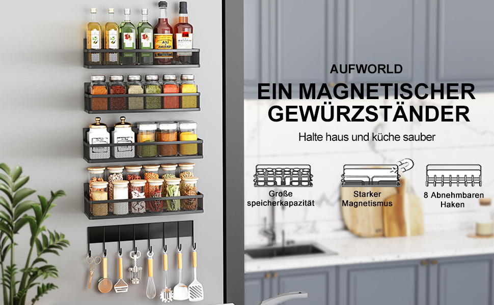 Магнітна полиця для холодильника з 8 гачками, органайзер для кухні (5 шт.)