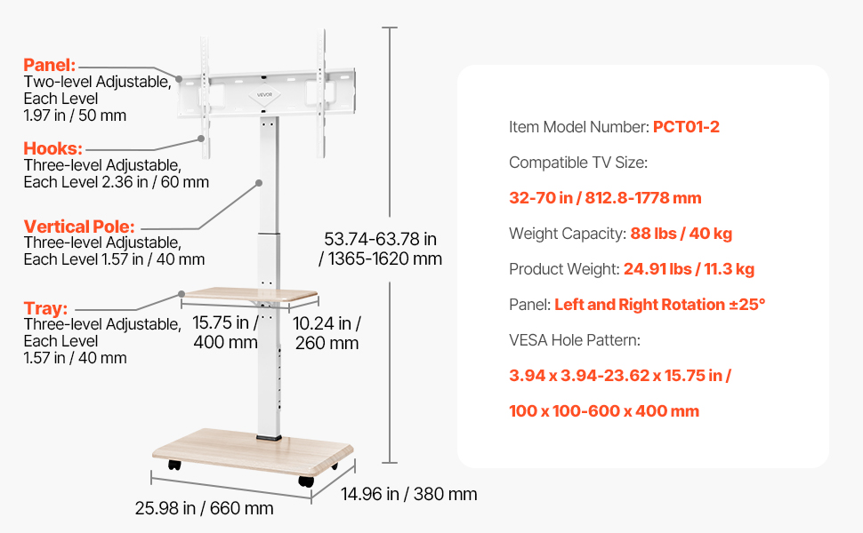 Підставка для телевізора VEVOR на роликах, регульована по висоті, поворотна (25°), з полицею, для телевізорів 81-178 см (до 40 кг), для спальні/вітальні