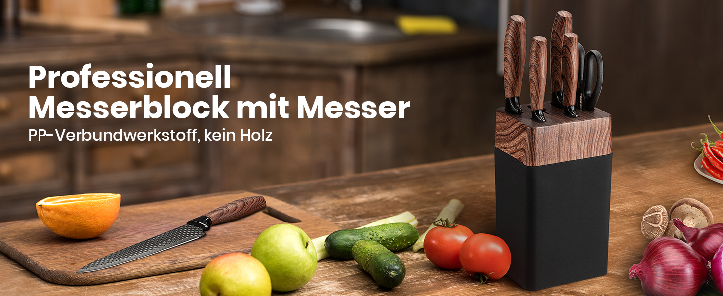 Набір ножів Messerblock Set, 7 предметів: професійний кухонний набір з блоком, з високоякісної нержавіючої сталі та ергономічними ручками, для дому. Чорний колір.