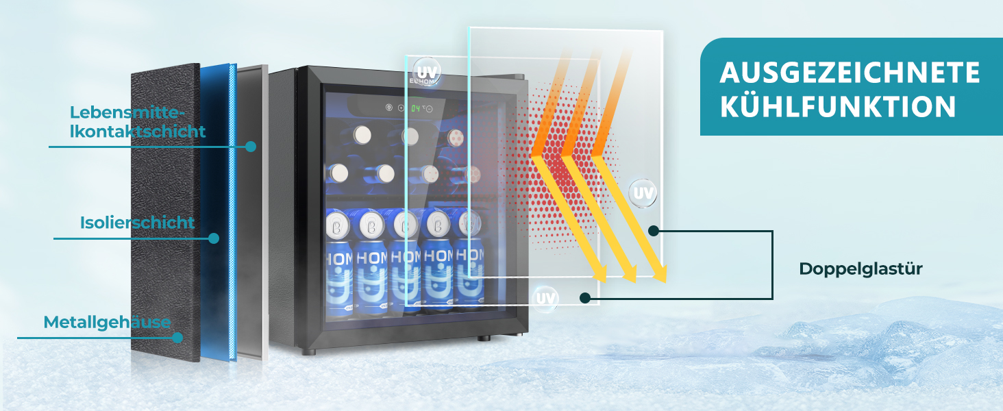 Міні-холодильник EUHOMY для напоїв на 55 банок, чорний, 36L, з дверцятами з прозорого скла, LED-підсвітка, тихий (43dB), для офісу, кімнати, бару