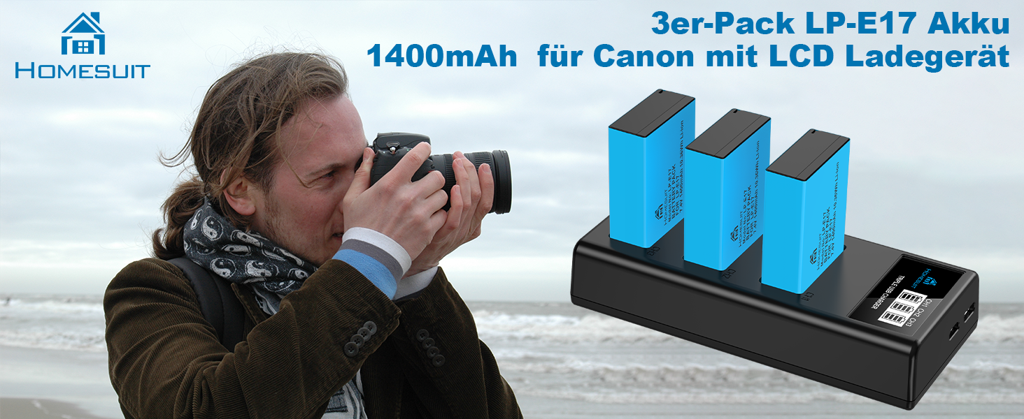 Набір акумуляторів Homesuit LP-E17 1400mAh 3шт. та зарядний пристрій LCD з USB для Canon EOS Rebel SL3, SL2, T8i, T7i, T6i, T6s, RP, M3, M5, M6, 200D, 77D, 750D, 760D, 800D, 8000D та інші моделі Canon