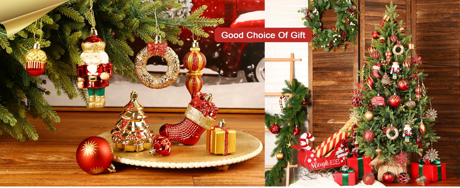 Набір прикрас на ялинку Shareconn 135 шт. – міцні ялинкові кулі з мотузкою, різні розміри та дизайни, декор для ялинки (червоний, зелений, золотий)