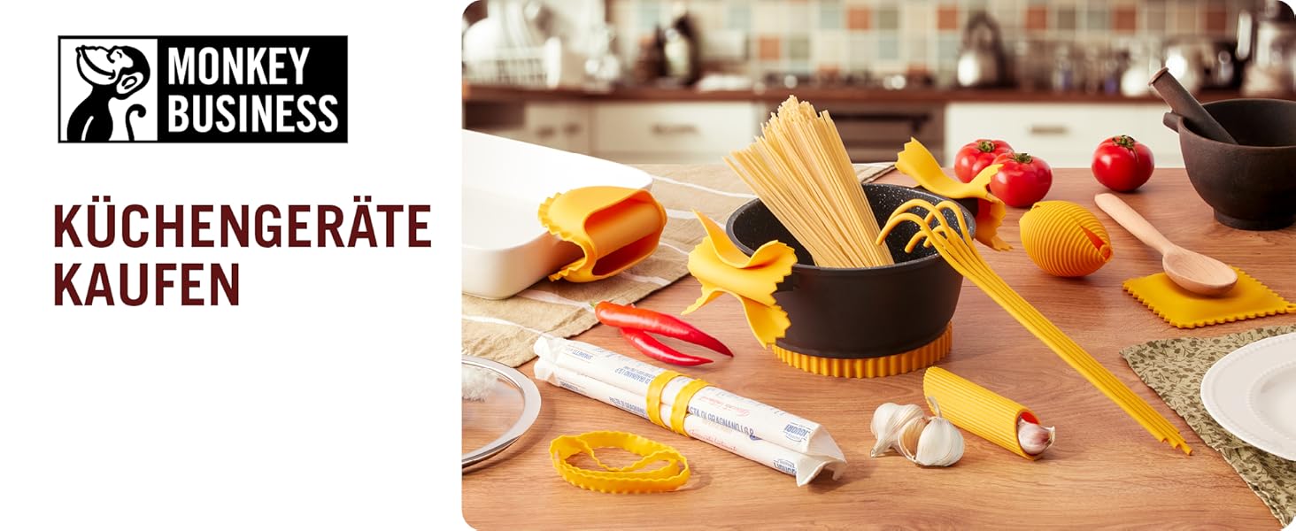 Набір силіконових кухонних інструментів Monkey Business Pasta Grande №3: ложка для спагеті, прес для лимонів Conchiglie, підставка для ложок Ravioli, подарункова упаковка