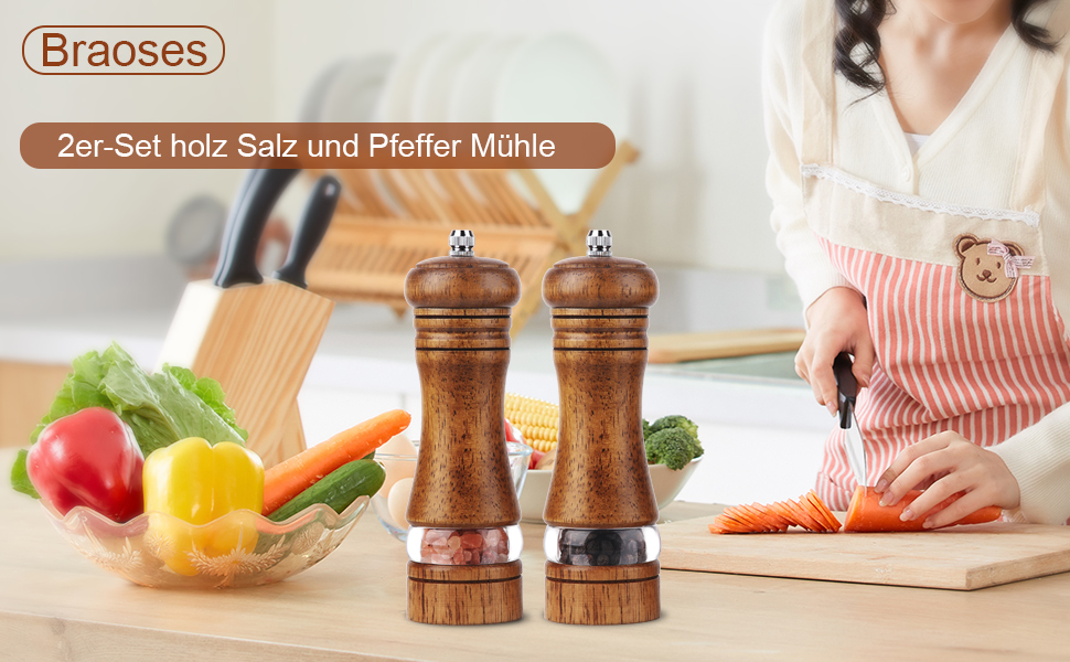 Механічна соляна млинка Pfeffermühle з дерева, набір 2 шт. з керамічним жорном, регулювання помелу, висота 16,5 см, ретро, XL