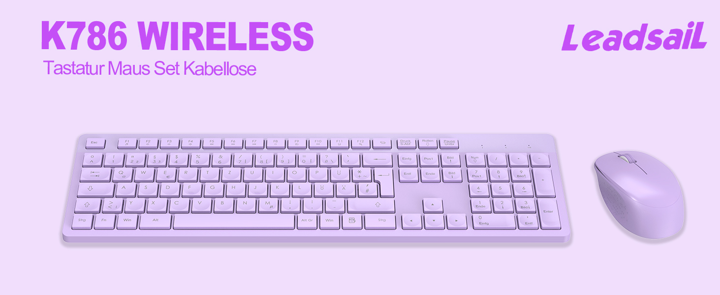 Бездротовий комплект клавіатури та миші Leadsail K786 з цифровою клавіатурою QWERTZ (Німецька) - тиха клавіатура, 2.4 GHz, USB Nano приймач для ПК/ноутбука (фіолетовий)