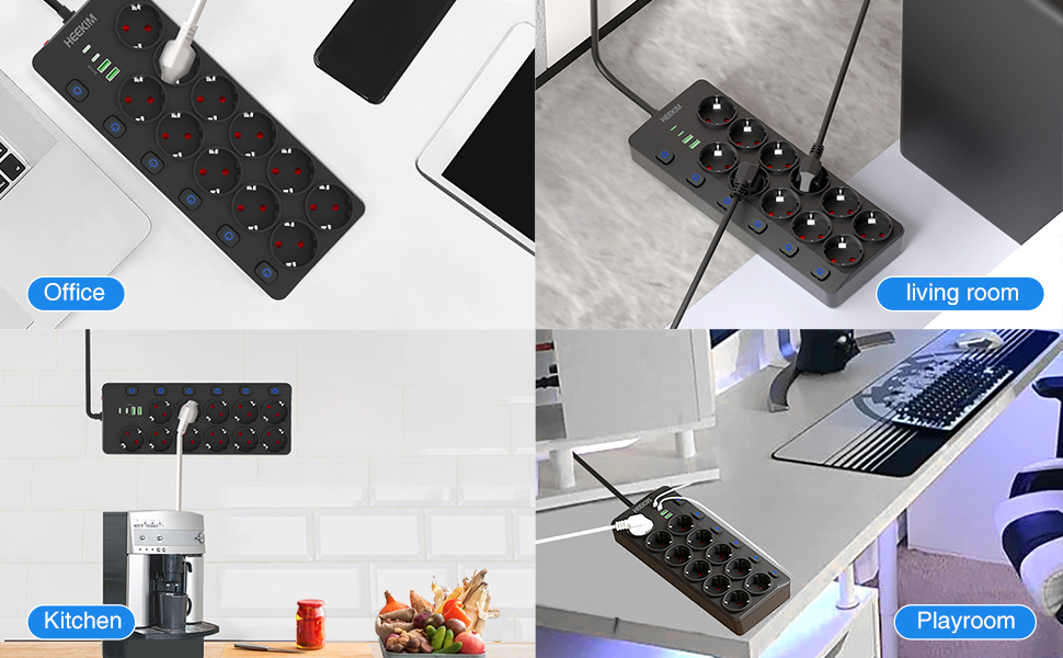 Мережевий фільтр HEEKIM з USB, 11 розеток, 2 USB-A та 2 USB-C, 4000W, 16A, з індивідуальним вимикачем, 2м кабель, для дому, школи, офісу, чорний