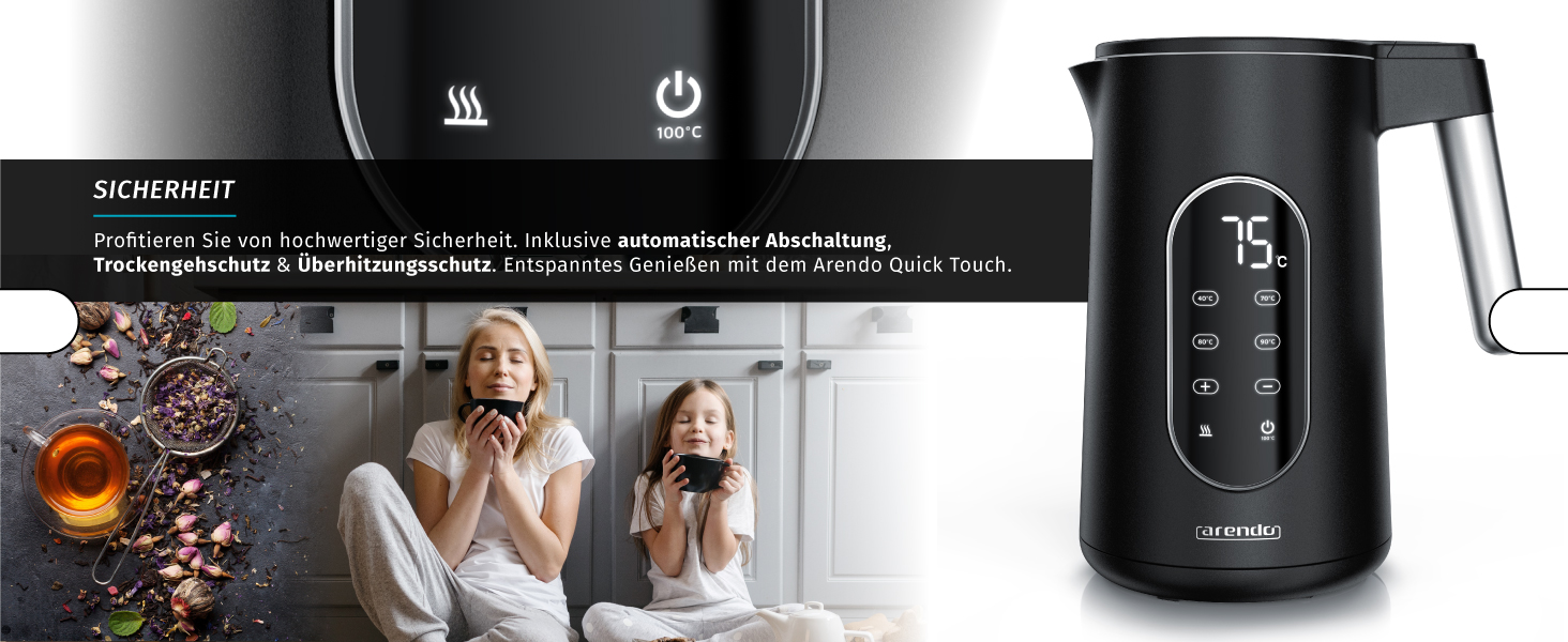 Електричний чайник Arendo з регулюванням температури, нержавіюча сталь, подвійні стінки Cool Touch, дисплей, бездротовий, 2200 Вт, 1,7 л, захист від перегріву, функція підтримання тепла, чорний