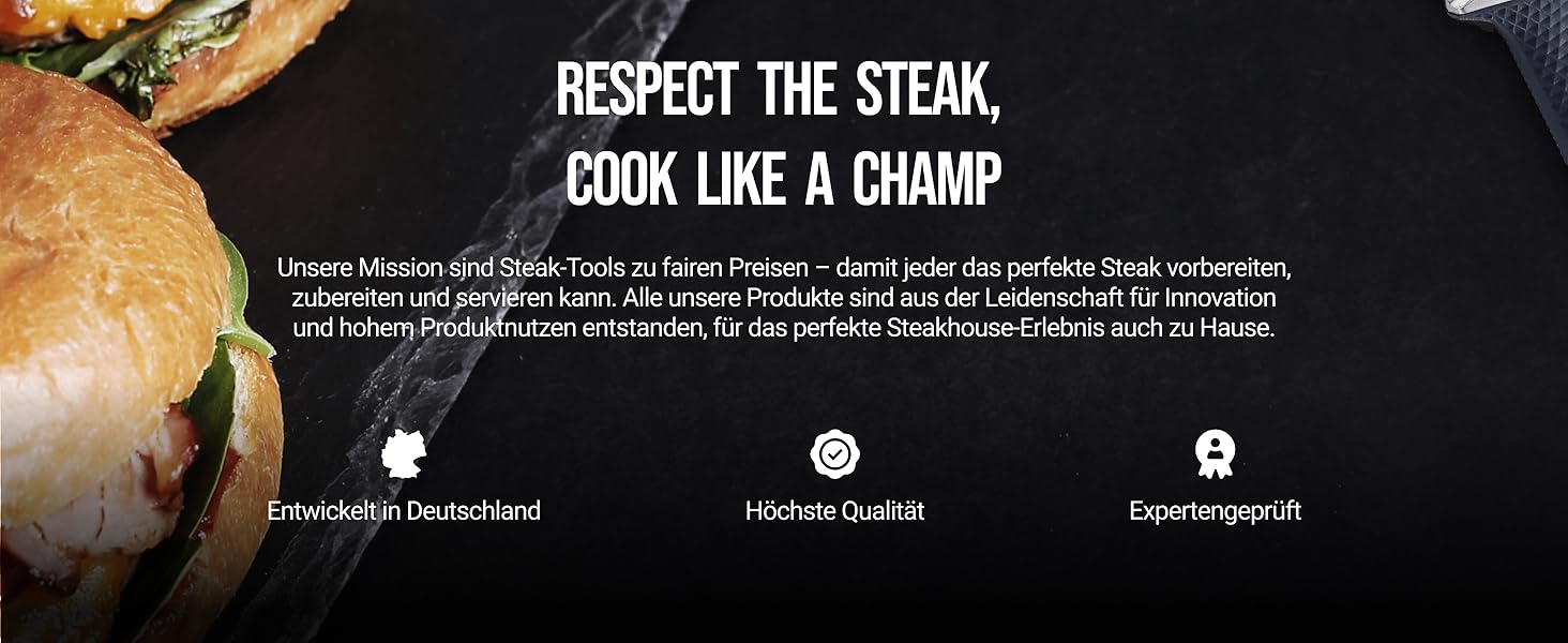 Ніж для стейків Steakchamp 22 см для кухні та BBQ, сталь високої якості, ручне заточування, з антиковзкою ручкою, чохол зі шкіри