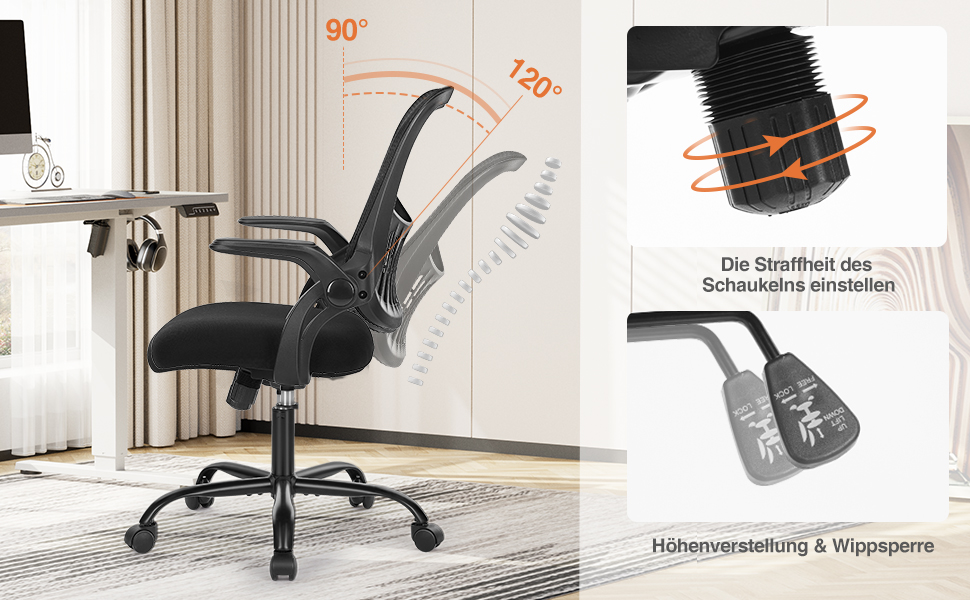 Ергономічне крісло для офісу Sweetcrispy з підйомними підлокітниками, регульованою висотою та функцією гойдання до 120° - чорний (18.5'D x 20.08'W x 41.3'H)